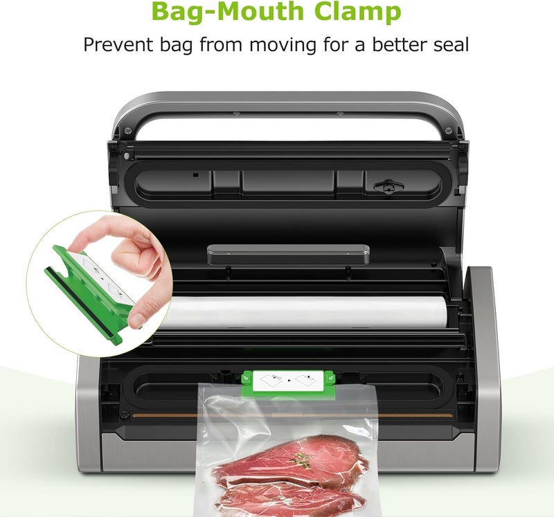 Bonsenkitchen Vacuum Sealer Machine, Globefish Technology for Perfect Vacuum Sealing, Powerful Low-Noise Food Vacuum Sealer with Easy Handle Design, Built-in Cutter & Bag Storage, 1 Bag Roll & 10 Bags - Image 4